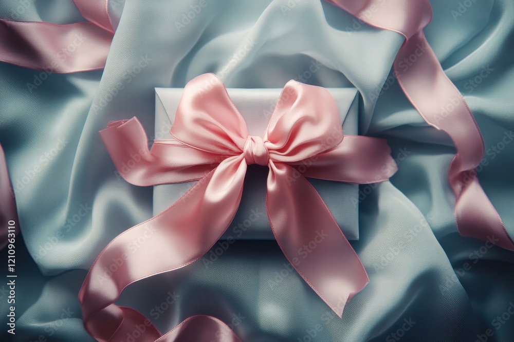 Fototapeta premium Light blue silk fabric with a pale pink ribbon tied in a bow on a gift. Perfect for websites, blogs, or social media related to gifts, presents, or luxury.