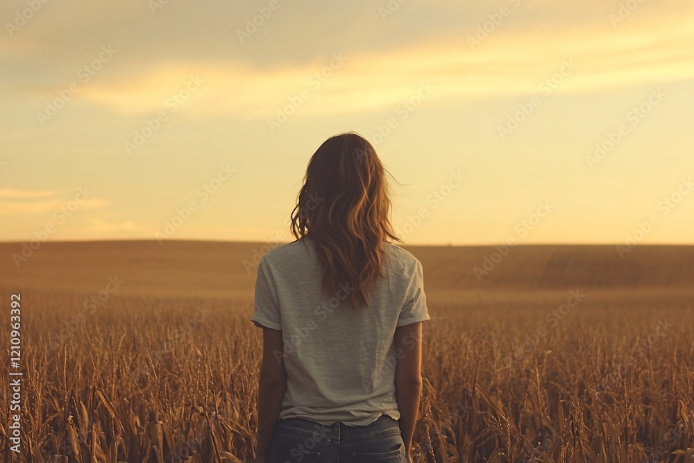 Woman standing in a wheat field at sunset, looking out at the horizon. Woman standing in a wheat field at sunset, looking out at the horizon.