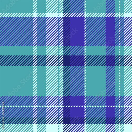 Sexy seamless textile pattern, aesthetic tartan vector fabric. Paint texture plaid background check in cyan and indigo colors.