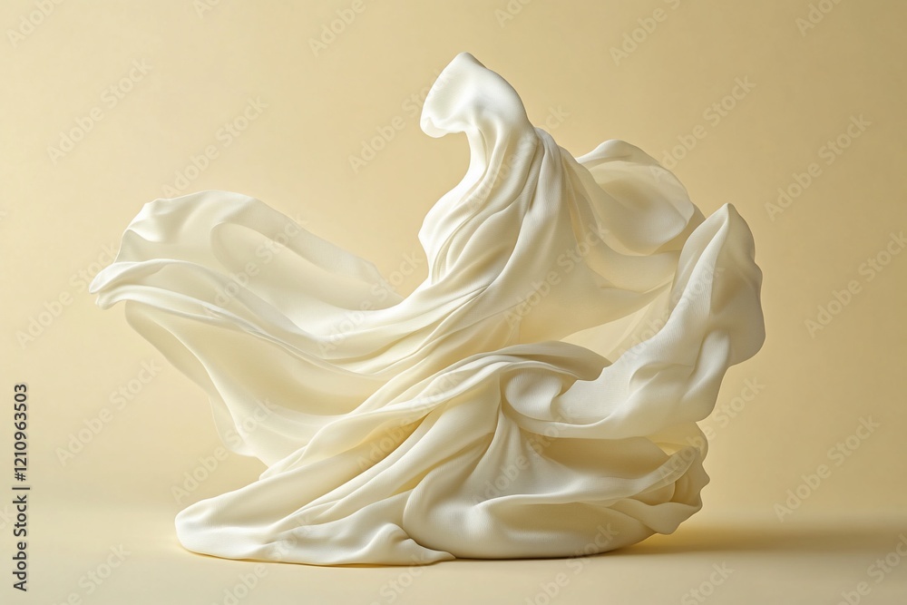 Abstract flowing white fabric sculpture on beige background.