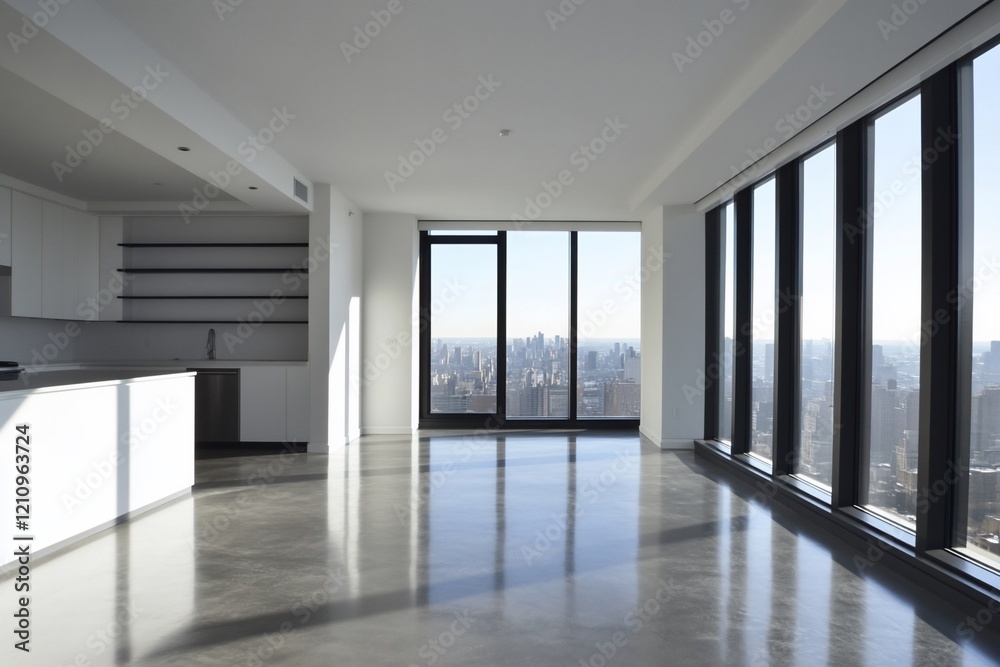 Obraz premium Modern apartment with city view, polished concrete floors, and large windows.