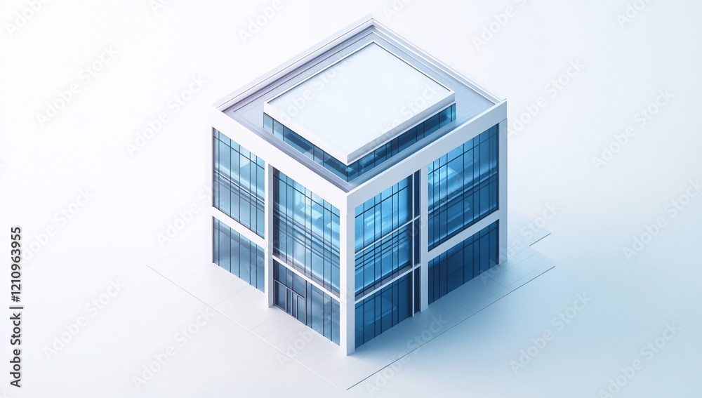 Isometric view of a modern glass building with a rooftop terrace. Isometric view of a modern glass building with a rooftop terrace.