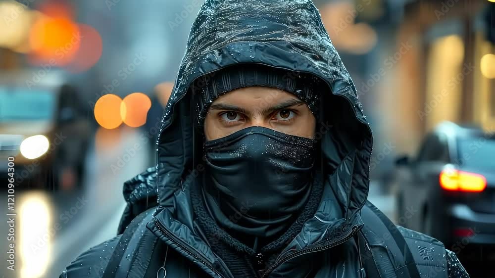 Mysterious Hooded Man with Mask Standing on a City Street
Mysterious Hooded Man with Mask Standing on a City Street