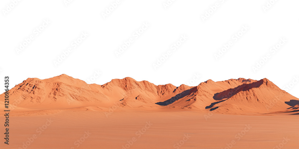 Naklejka premium PNG cut out isolated background. A bold orange desert mountain range rises dramatically from the flat sand-covered terrain.