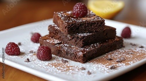 Delicious chocolate brownies dessert, raspberries, cocoa, lemon background, food photography photo