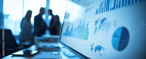 Businesspeople silhouetted in office with computer screen showing charts and graphs. photo