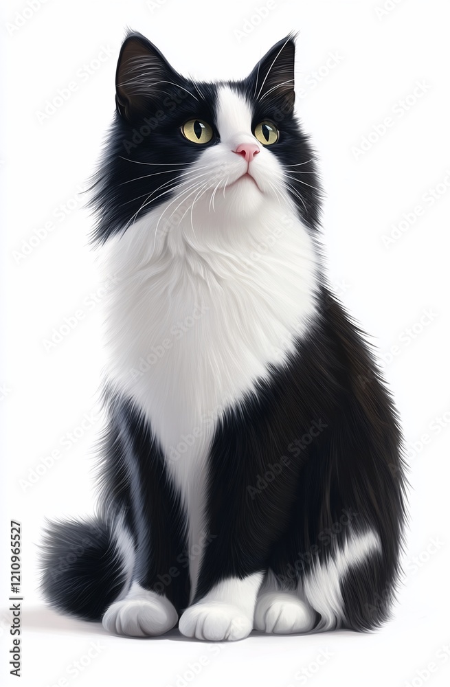 A tuxedo cat sits, looking upward, against a white background. A tuxedo cat sits, looking upward, against a white background.