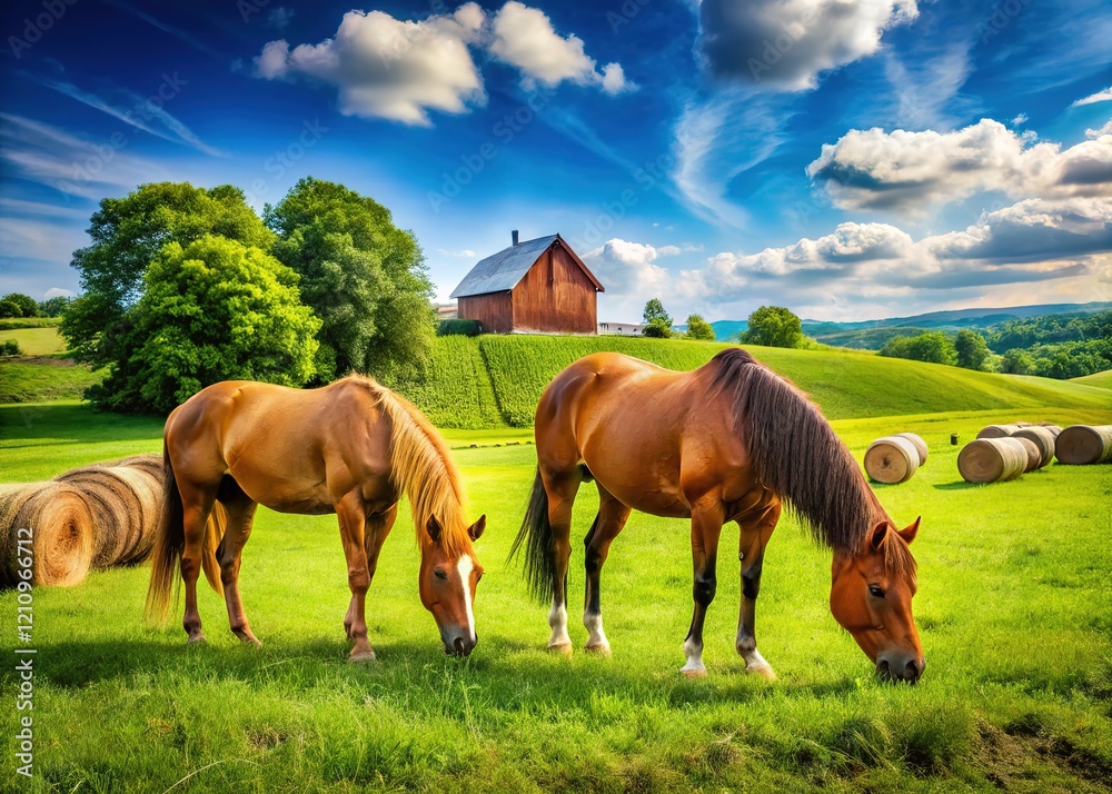 Summer Farm Horses Hay Feeding - Beautiful Scenery Summer Farm Horses Hay Feeding - Beautiful Scenery