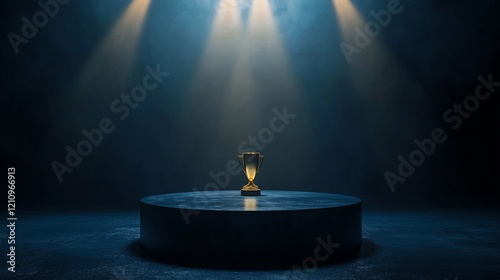Gold trophy on dark pedestal, dramatic lighting.