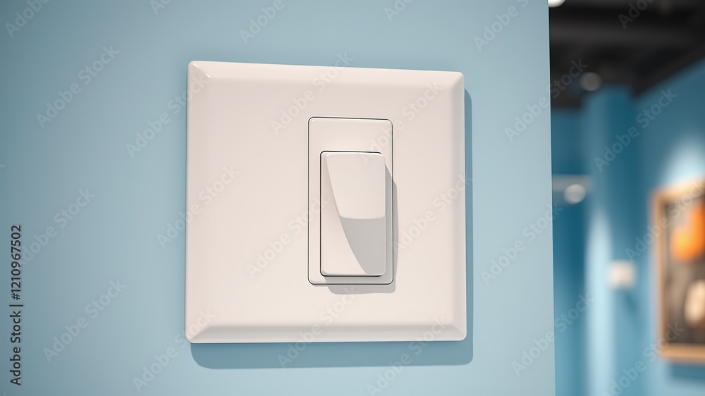 White Plastic Light Switch on Light Blue Wall - Photorealistic AI Image White Plastic Light Switch on Light Blue Wall - Photorealistic AI Image