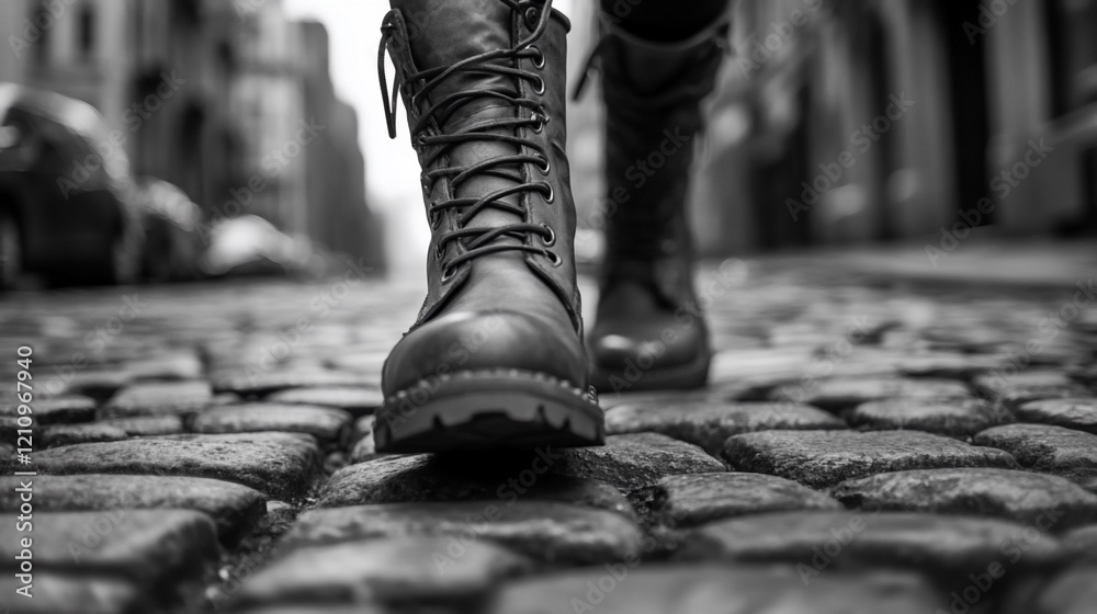 Close-up of boots walking on cobblestone street. Close-up of boots walking on cobblestone street.