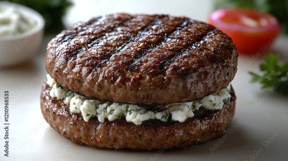 Grilled beef burger patty stuffed with creamy cheese and herbs, garnished with fresh vegetables Grilled beef burger patty stuffed with creamy cheese and herbs, garnished with fresh vegetables