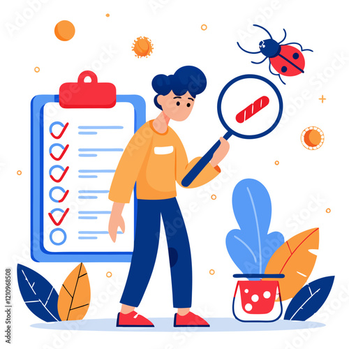 A software tester is focused on spotting bugs in a codebase using a magnifying glass. Nearby is a checklist showcasing completed tasks, demonstrating diligent work