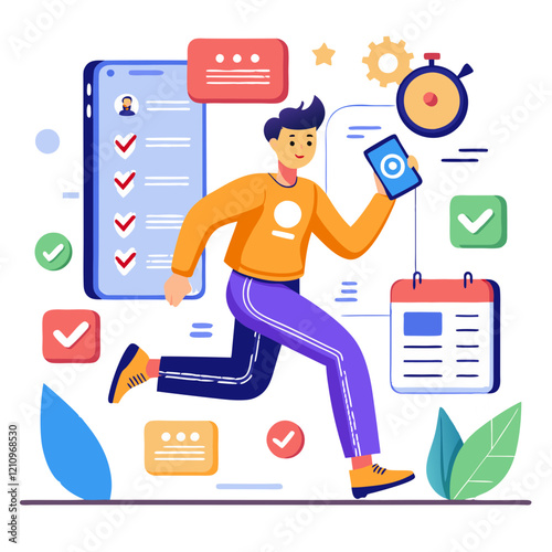A QA tester engages in a thorough quality assurance process, using a smartphone to track progress and communicate, while managing multiple tasks and deadlines in a vibrant setting
