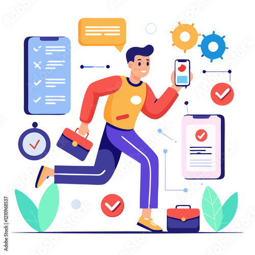 A tester is actively engaged in a quality assurance process, running while checking tasks on a mobile device. Various digital tools and indicators surround the individual, illustrating the workflow