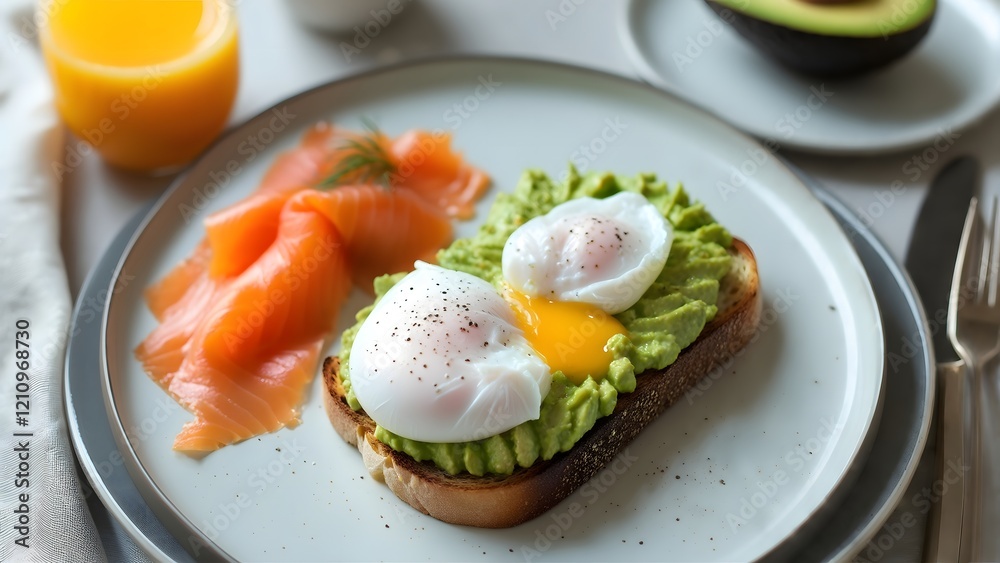 Poached Eggs with Smoked Salmon and Avocado Toast with Orange Juice Poached Eggs with Smoked Salmon and Avocado Toast with Orange Juice