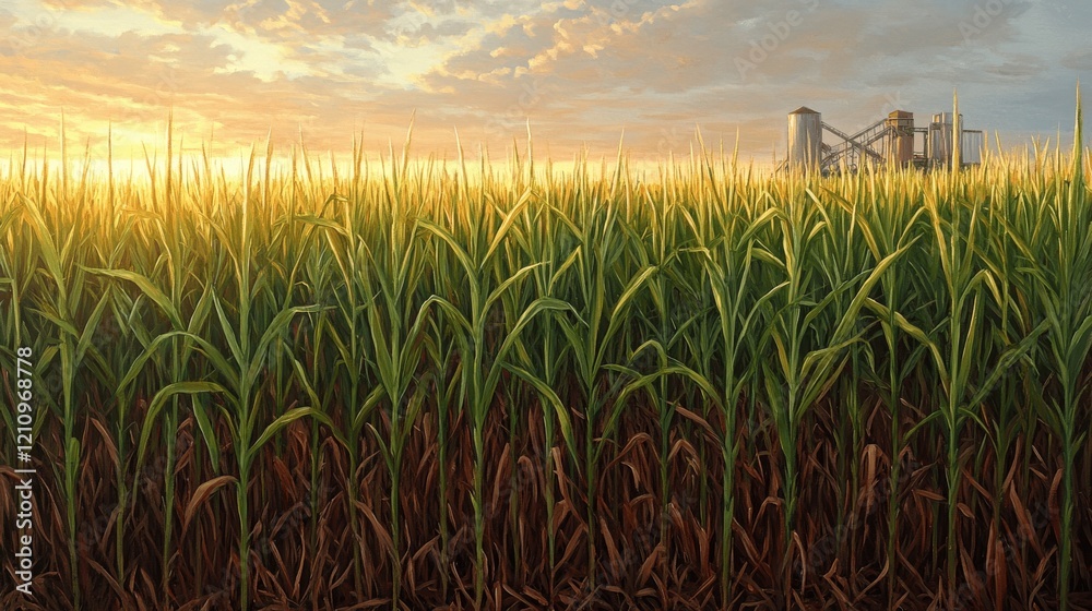 Fototapeta premium Lush Cornfield at Sunrise with Silhouetted Farm Equipment in Distance under a Vibrant Sky Showcasing Agricultural Bounty and Rural Farming Landscape