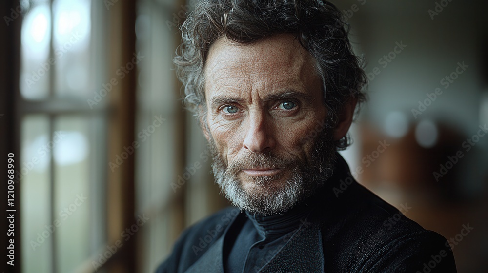 Fototapeta premium Portrait of a man with a thoughtful expression in a historical setting amidst natural light