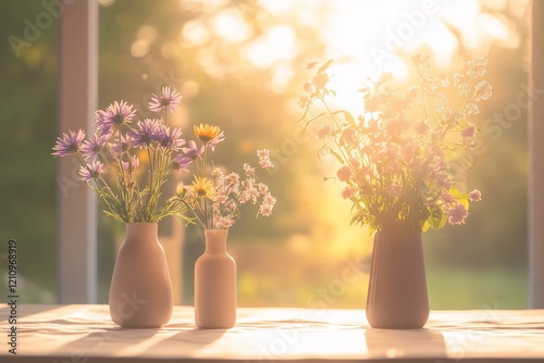 Wallpaper Mural Three vases of wildflowers in sunlight on table. Torontodigital.ca