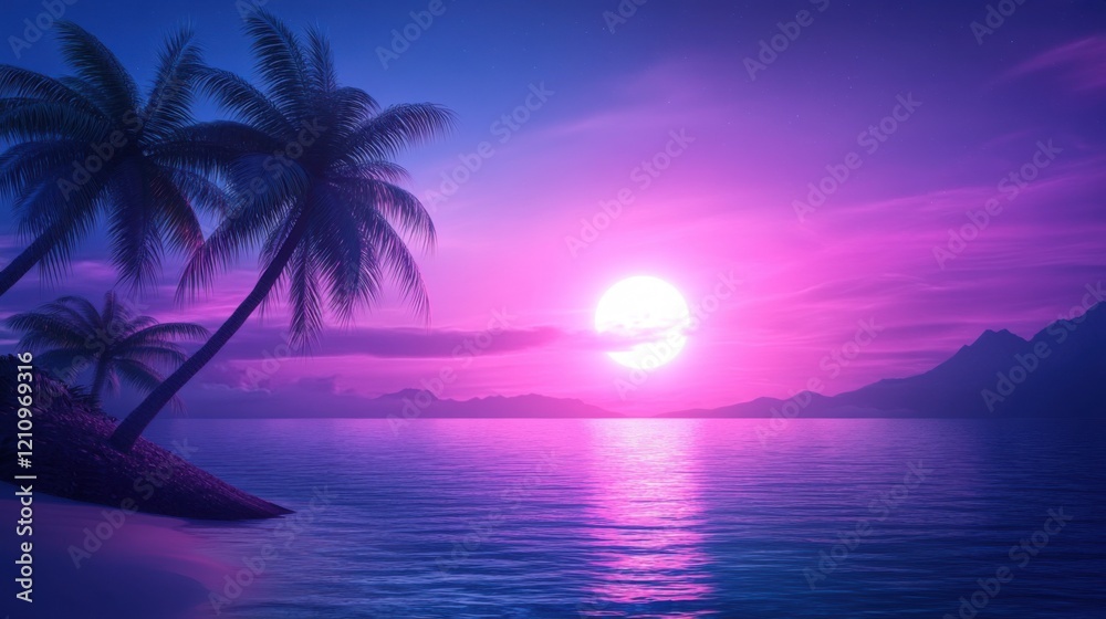 Naklejka premium Scenic Tropical Landscape with Palm Trees and Vibrant Sunset Over Calm Ocean Waters at Dusk