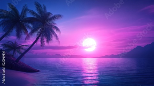 Wallpaper Mural Scenic Tropical Landscape with Palm Trees and Vibrant Sunset Over Calm Ocean Waters at Dusk Torontodigital.ca