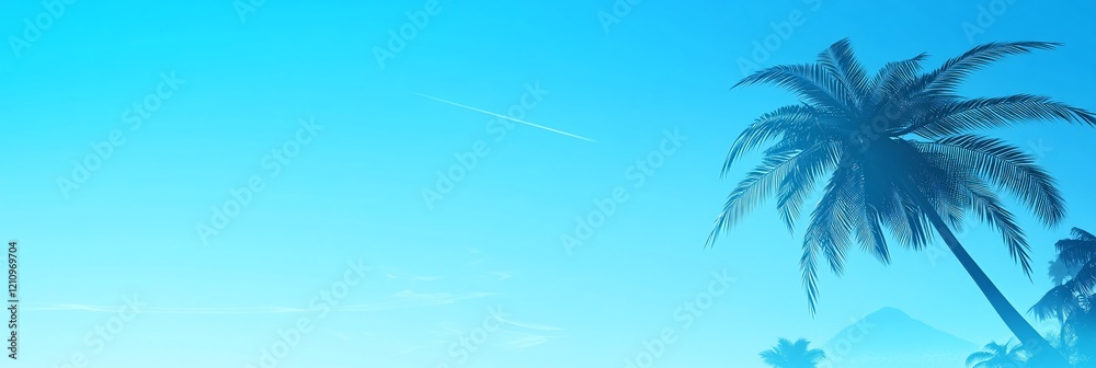 Serene tropical scene with palm trees against a vibrant blue sky. Serene tropical scene with palm trees against a vibrant blue sky.