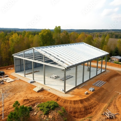 Steel-framed workshop under construction, overall layout and progress of the building, natural background.