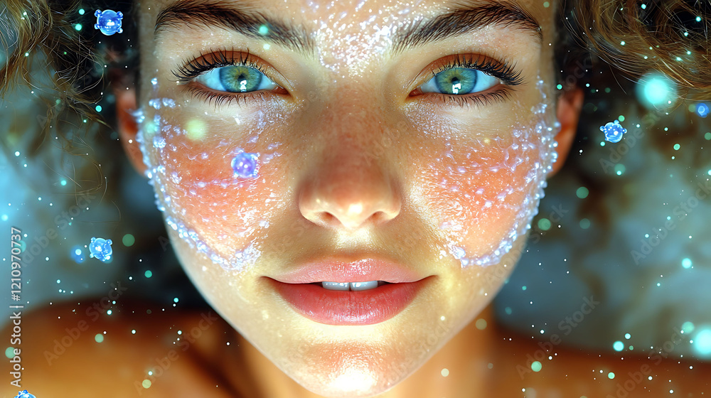 Closeup of a womans face, adorned with a luminous, sparkling substance, creating a futuristic, ethereal beauty. Perfect for skincare, cosmetics, science fiction, and fantasy themes. Closeup of a womans face, adorned with a luminous, sparkling substance, creating a futuristic, ethereal beauty. Perfect for skincare, cosmetics, science fiction, and fantasy themes.