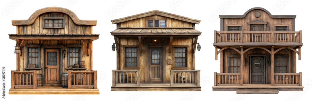 Fototapeta premium Vintage Western Themed Wooden Buildings Isolated on Transparent Background