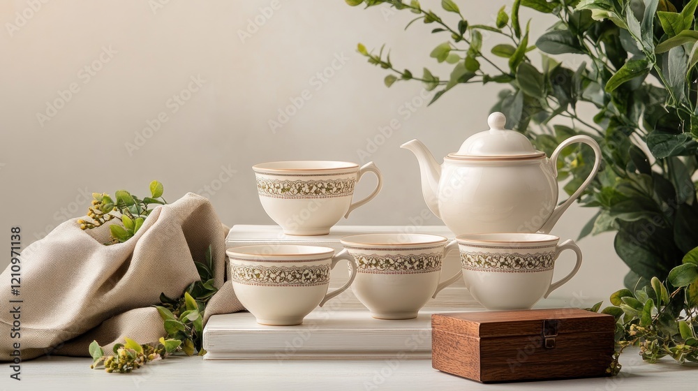 Elegant Tea Set Studio Shot, Calm Background Elegant Tea Set Studio Shot, Calm Background