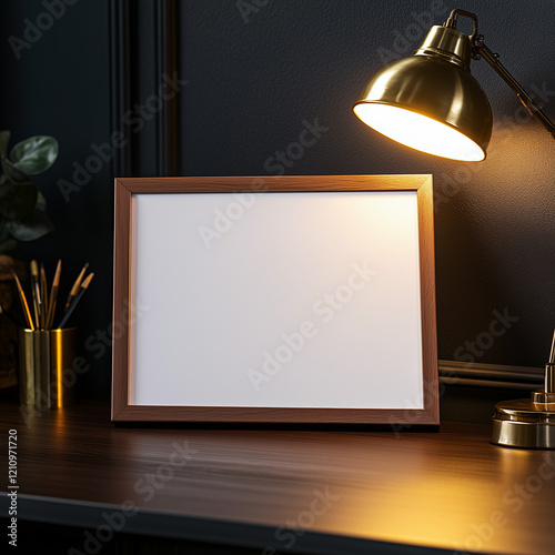 certificate mockup in a wooden frame with a golden lamp on a stylish desk