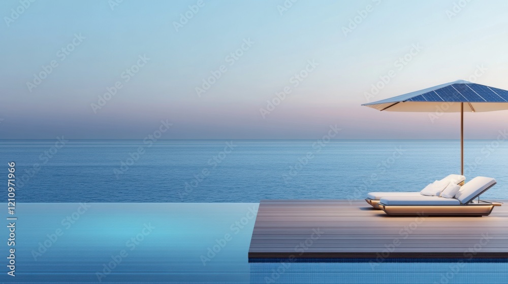 Fototapeta premium Tranquil Seascape with Poolside Lounger and Umbrella at Sunset Over Calm Blue Ocean Waters