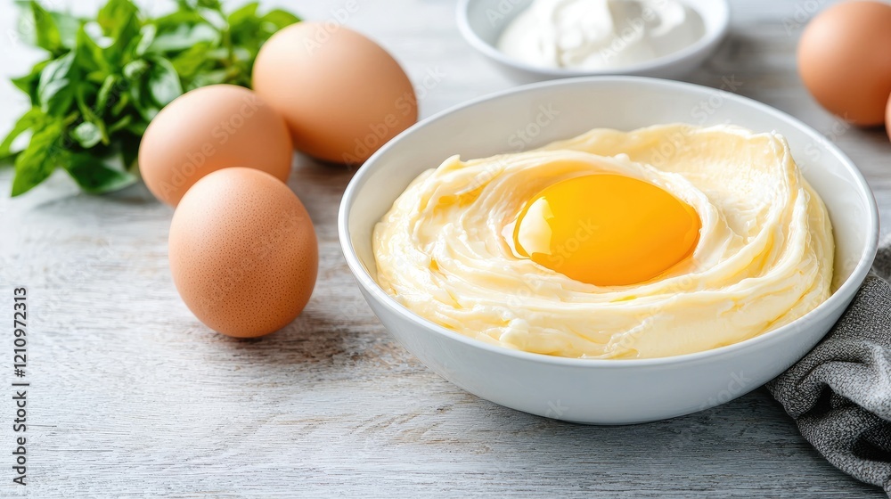 Creamy egg yolk in butter, eggs, and herbs. Baking ingredient preparation. Food photography for recipe blogs Creamy egg yolk in butter, eggs, and herbs. Baking ingredient preparation. Food photography for recipe blogs