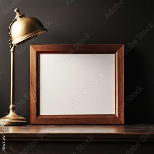 classic certificate mockup in a wooden frame with a golden lamp on a dark background