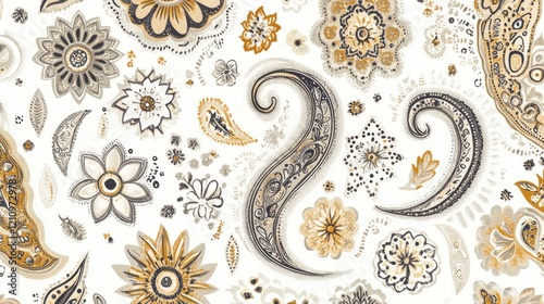 Floral paisley pattern, textile design, white background, autumnal colors, fabric print