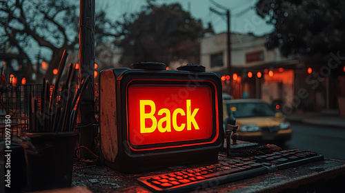 Retrostyled illuminated sign displaying Back in glowing yellow letters on a red background.