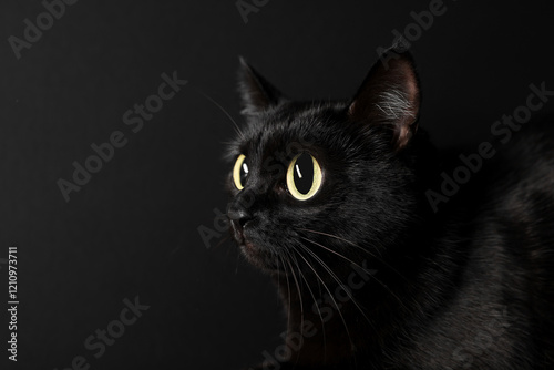 Cute cat with big eyes on black background, closeup and space for text. Adorable pet