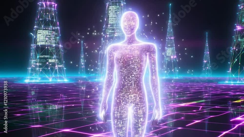 Digital human of light and binary code stands on a glowing digital landscape