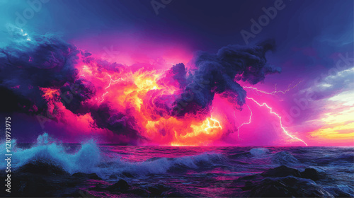 Dramatic ocean storm with vivid purple and fiery red lightning striking turbulent waves under a dynamic, glowing sky at twilight