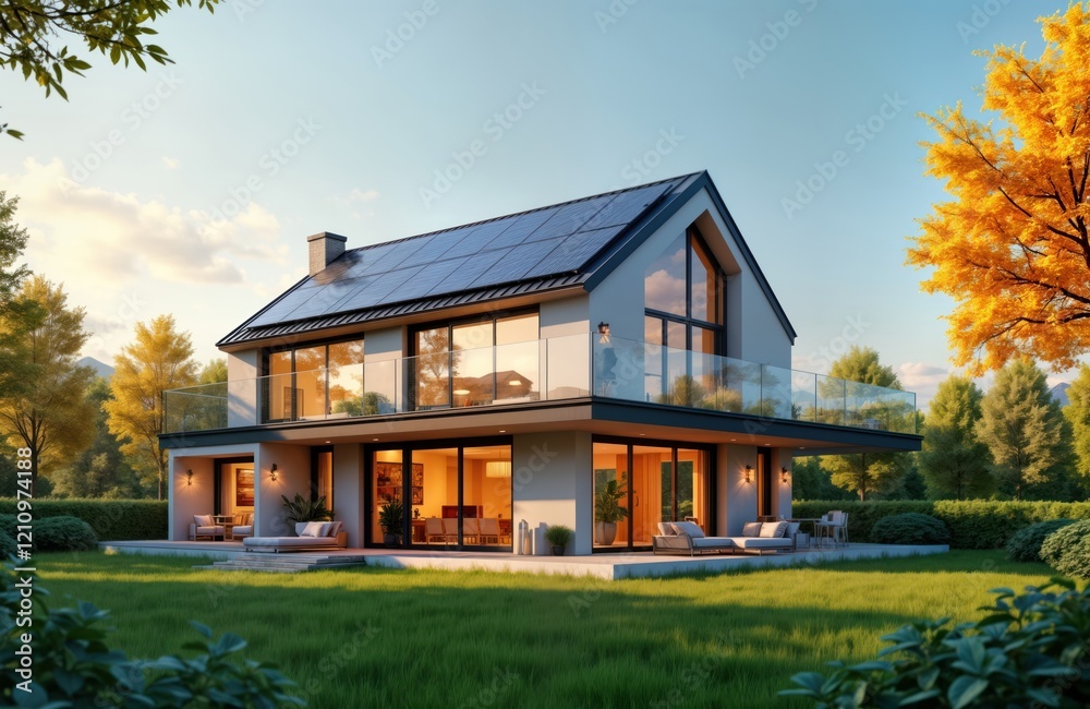 Modern eco-friendly house with solar panels on roof. Spacious outdoor patio area with comfortable furniture. Beautiful garden landscape surrounds home. Sunlight illuminates scene. Sustainable living Modern eco-friendly house with solar panels on roof. Spacious outdoor patio area with comfortable furniture. Beautiful garden landscape surrounds home. Sunlight illuminates scene. Sustainable living