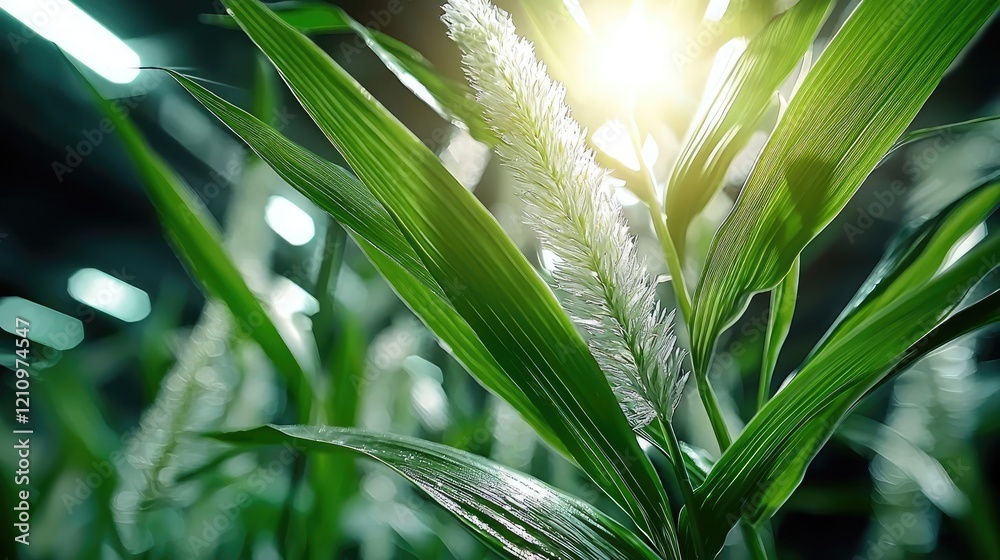 Fototapeta premium Indoor sugarcane plant, sunlit leaves, growing process, factory background, agriculture