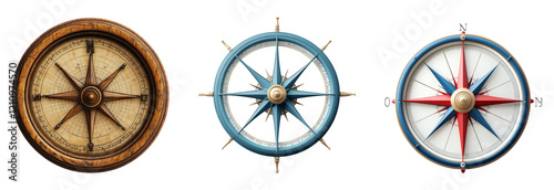 Three distinct compass designs isolated on a transparent background