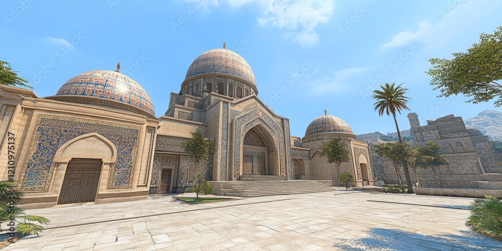 Fototapeta premium Majestic Mosque Courtyard, Sunny Day, Mountain Background, Travel Destination