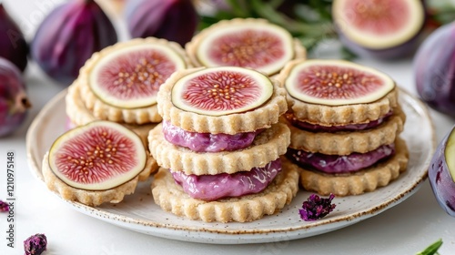 Fig jam sandwich cookies on plate, kitchen photo