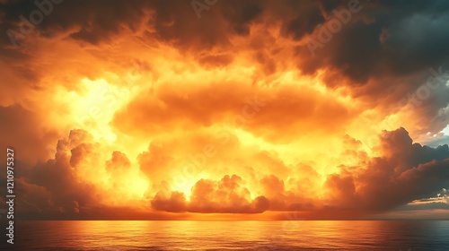 Fiery Sunset Clouds Over Calm Ocean Waters