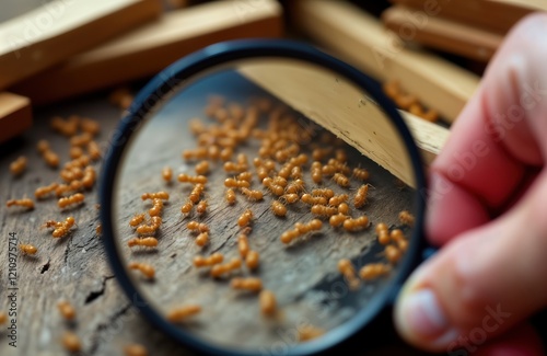 Closeup view of termite workers on wooden surface. Magnifying glass highlights tiny termites in nest. Termites moving on weathered timber. Detailed macro photo of insects. Focused view of termite photo