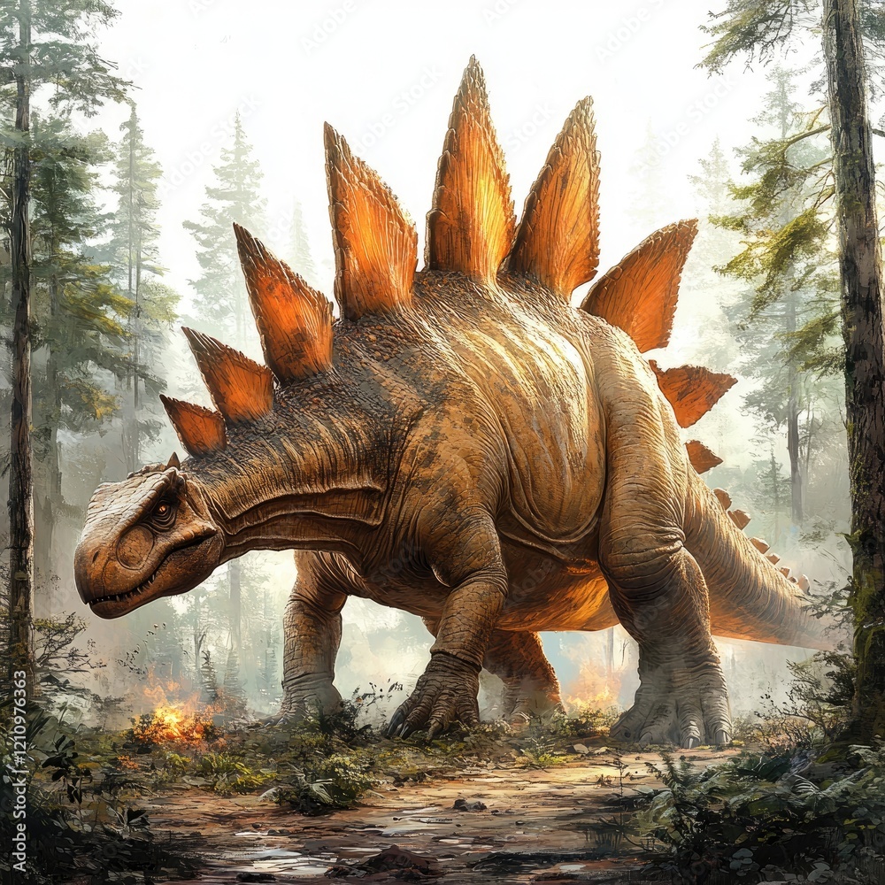 Fototapeta premium Stegosaurus in prehistoric forest, fire in background, ancient landscape, educational use