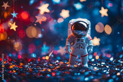 Astronaut toy figures on dark background decorated with star confetti. Selective focus, place for text. photo