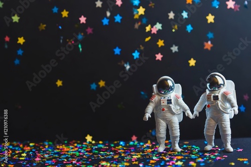 Astronaut toy figures on dark background decorated with star confetti. Selective focus, place for text. photo