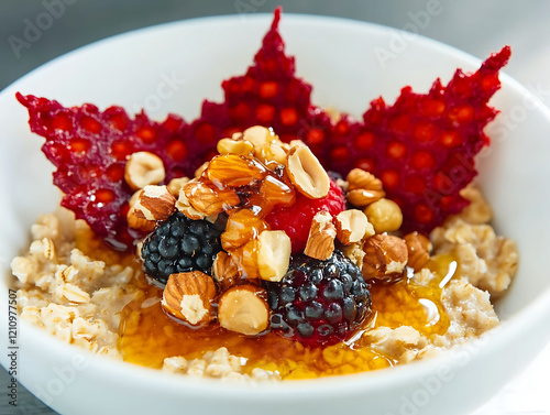 Delicious oatmeal breakfast bowl topped with mixed berries, nuts, honey, and crispy red garnish.  Perfect for healthy eating, food blogs, and restaurant menus.  Highquality image for commercial use. photo